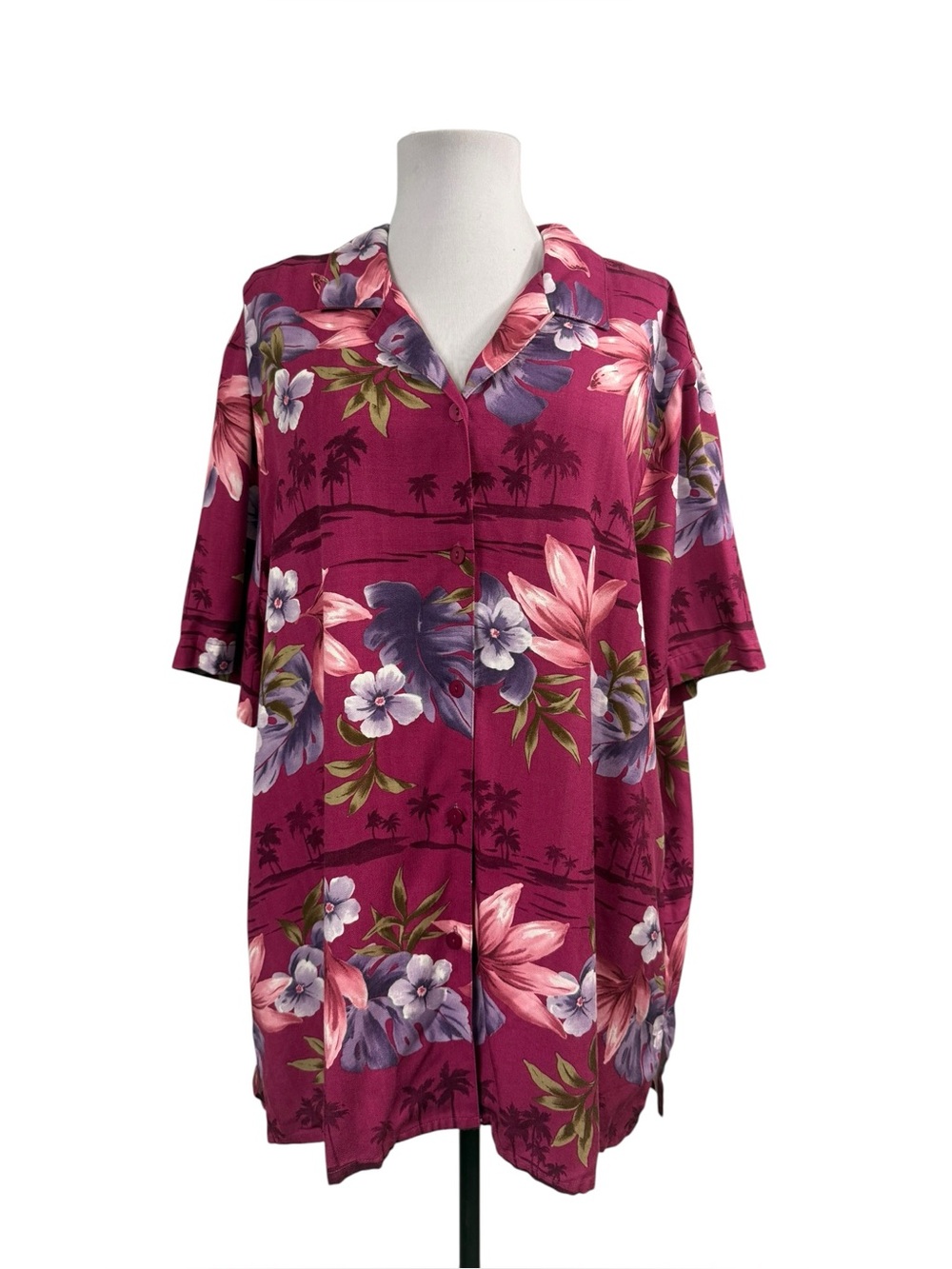 Alfred Dunner Women's 20 2X Button Down Hawaiian Shirt Purple Pink Short Sleeves